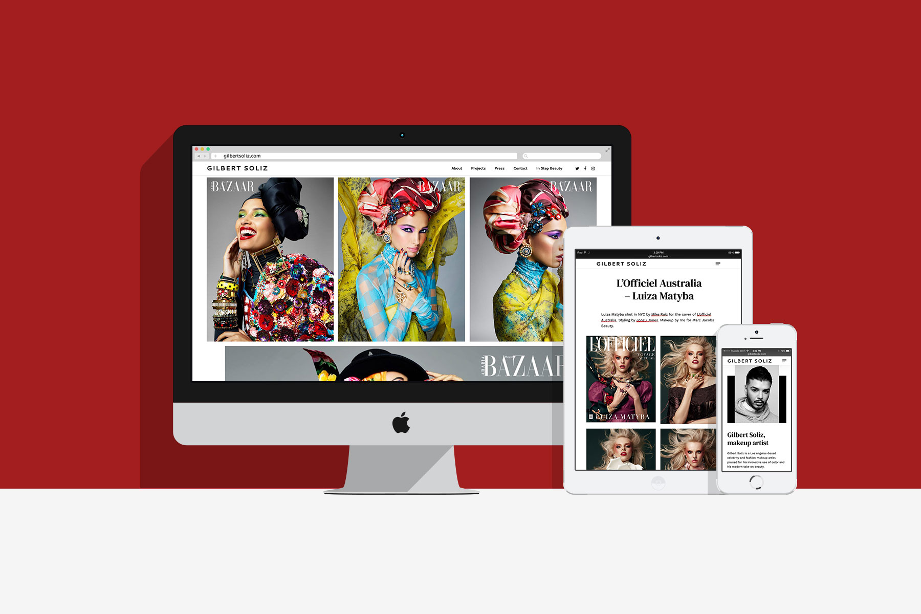 Custom web design and development for Gilbert Soliz, a celebrity and fashion makeup artist.